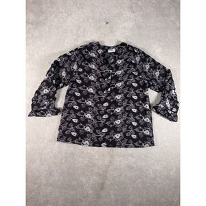 kindred anthropologie peasant blouse top black embroidered floral print L